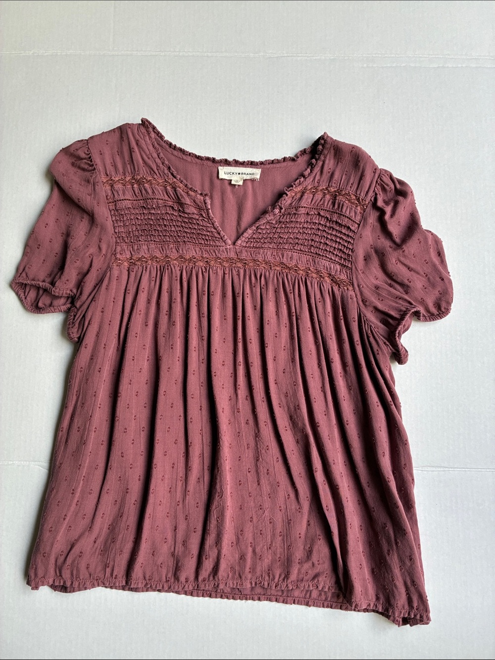 Lucky Brand Dusty Mauve Smocked V-Neck Peasant Top